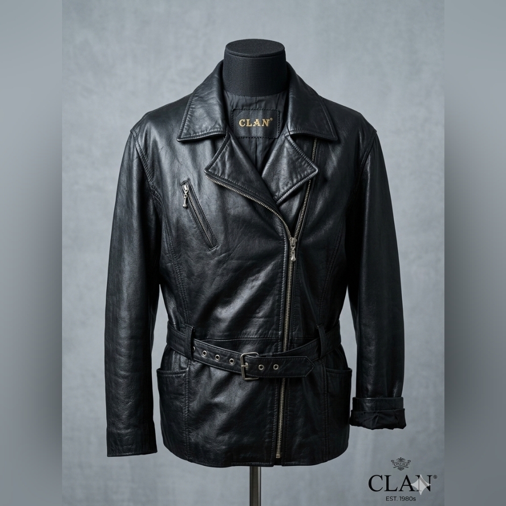 Vintage CLAN Black Leather Belted Moto Jacket - Mid-Length Biker Coat